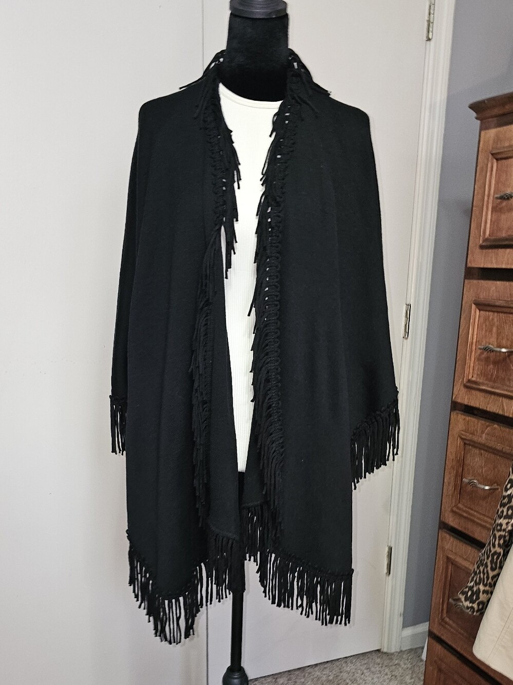 Black Fringe Open Front Women's Cascading Cape OS